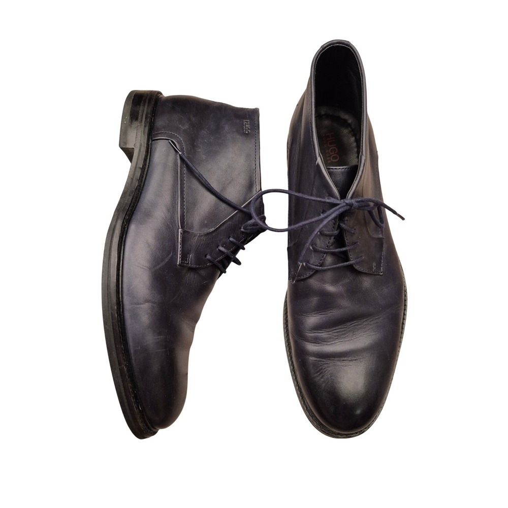 Hugo Boss Mens Dark Navy Blue Leather Chukka Boots Ankle Dress Shoes Sz 8.5